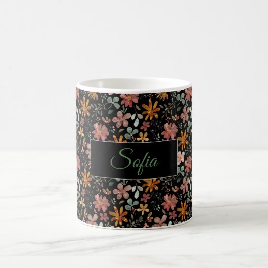 Boho orange rosa Blume Aquarellmuster schwarz Kaffeetasse (Mittel)