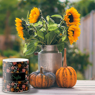 Boho orange rosa Blume Aquarellmuster schwarz Kaffeetasse