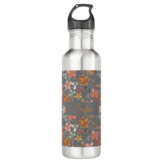 Boho orange rosa Blume Wasserfarbmuster Edelstahlflasche (Vorderseite)