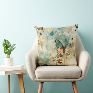 Boho Orange Teal Schmetterling Wildblume Malerisch Kissen