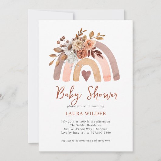 Boho Orange Terracotta Watercolor Rainbow Einladung (Vorderseite)