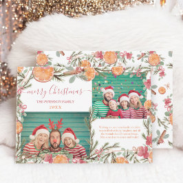 Boho Orangen Kiefernzweig 2 Fotos Frohe Weihnachte Feiertagskarte