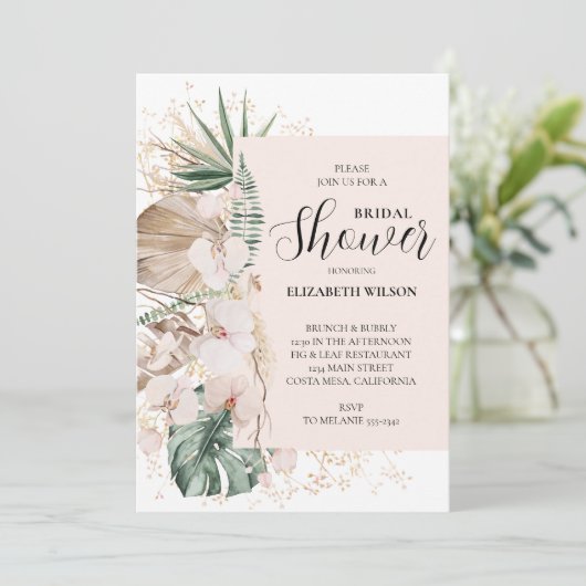 Boho Orchids Palms Brautparty Einladung (Stehend Vorderseite)