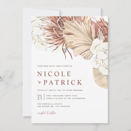Boho Orchids und getrocknete Palmen Blätter Hochze Einladung (Vorderseite)