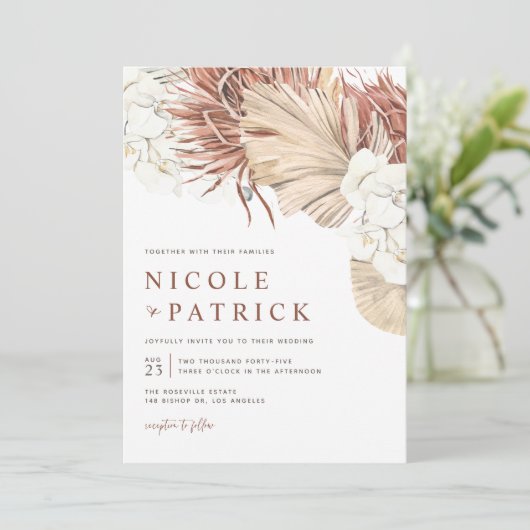 Boho Orchids und getrocknete Palmen Blätter Hochze Einladung (Stehend Vorderseite)