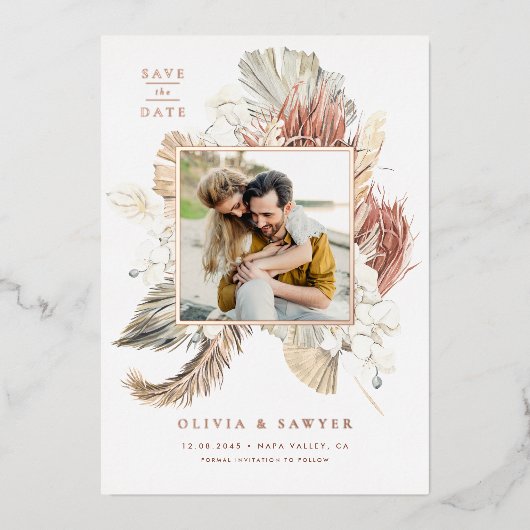 Boho Orchids und getrocknetes Palm-Foto Save the D Folieneinladung (Vorderseite)