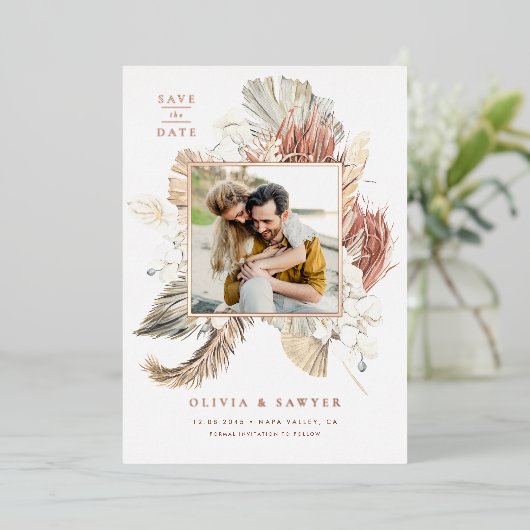 Boho Orchids und getrocknetes Palm-Foto Save the D Folieneinladung (Stehend vorne)