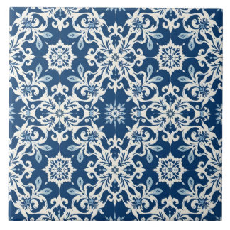 Boho Ornament Pattern in White-Blue Vintage Fliese