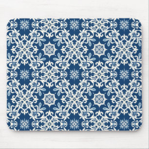 Boho-Ornamentmuster in Weiß-Blau Vintage Mousepad