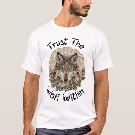 Boho Ornate Wolf with Leaves T-Shirt (Vorderseite)