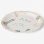 Boho Outer Space Raketenjunge Baby Shower Pappteller (Schrägansicht)