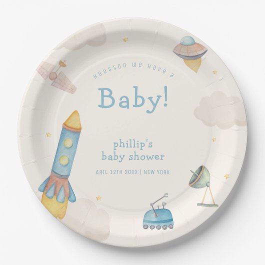 Boho Outer Space Raketenjunge Baby Shower Pappteller (Vorderseite)