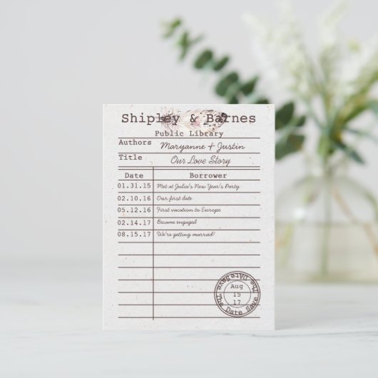 Boho Owl Feather Library Card Save the Date | Ankündigungspostkarte (Stehend Vorderseite)