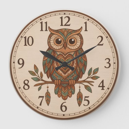 Boho Owl Large Wall Clock Große Wanduhr (Vorderseite)