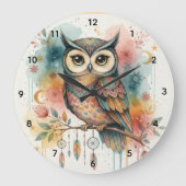 Boho Owl Large Wall Clock Große Wanduhr (Vorderseite)
