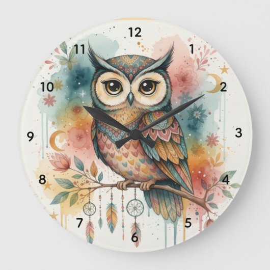 Boho Owl Large Wall Clock Große Wanduhr (Vorderseite)