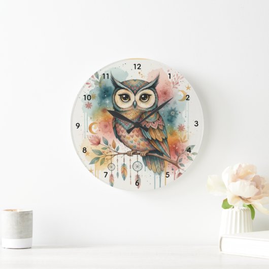 Boho Owl Large Wall Clock Große Wanduhr (Zuhause)
