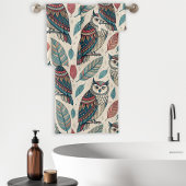 Boho Owl Leaf Muster Aquamarin Rust Beige Badhandtuch Set