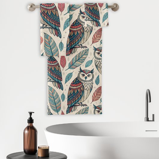 Boho Owl Leaf Muster Aquamarin Rust Beige Badhandtuch Set