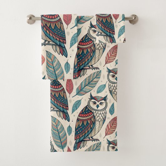 Boho Owl Leaf Muster Aquamarin Rust Beige Badhandtuch Set (Insitu)