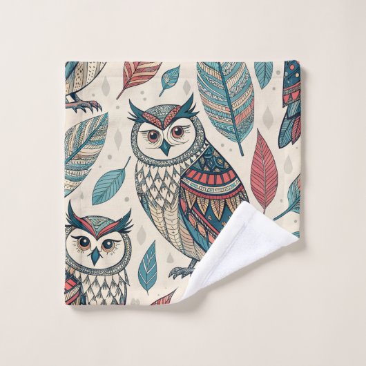 Boho Owl Leaf Muster Aquamarin Rust Beige Badhandtuch Set (Waschlappen)
