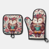 Boho Owl mit einem Cup of Coffee Pot Holders; Ofenhandschuh & Topflappen-Set (Vorderseite)