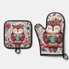 Boho Owl mit einem Cup of Coffee Pot Holders; Ofenhandschuh & Topflappen-Set