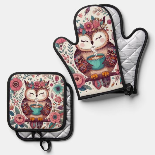 Boho Owl mit einem Cup of Coffee Pot Holders; Ofenhandschuh & Topflappen-Set (Vorderseite/Rückseite)