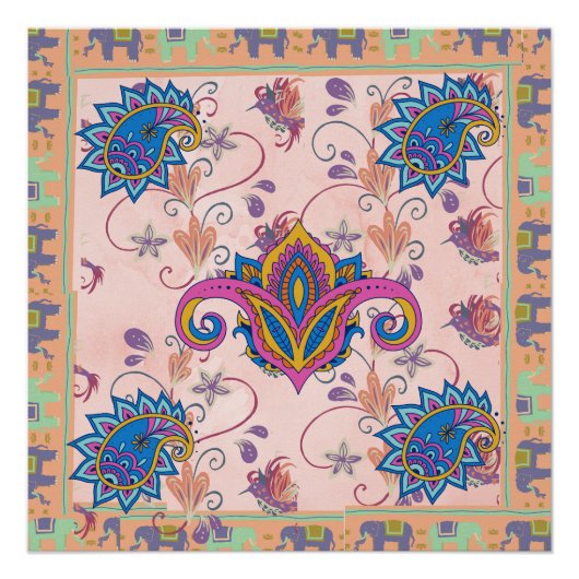 Boho paisley and elephant pattern_lmandala artwork poster (Vorderseite)