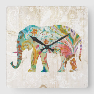 Boho Paisley Elefant II Quadratische Wanduhr