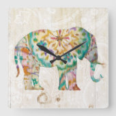 Boho Paisley Elephant I Quadratische Wanduhr (Vorderseite)
