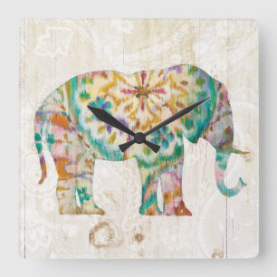 Boho Paisley Elephant I Quadratische Wanduhr