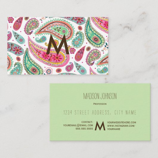 Boho Paisley Multicolor mädchenhaft monogramm Visitenkarte (Vorne/Hinten)