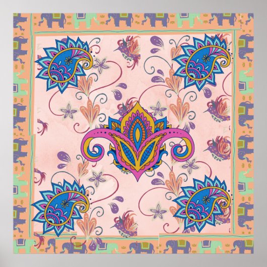 Boho-Paisley- und Elefantenmuster_lMandala-Kunstwe Poster (Vorne)