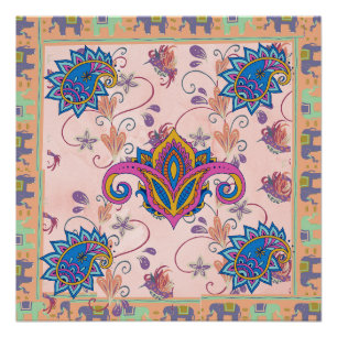 Boho-Paisley- und Elefantenmuster_lMandala-Kunstwe Poster
