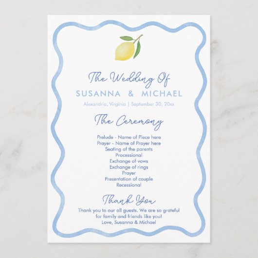 Boho Pale Blue Wavy Border Lemons Wedding Programm (Vorderseite)
