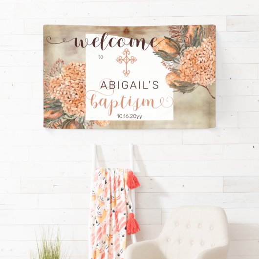 Boho Palm Blätter Hydrangeas Girl Baptisse Willkom Banner (Insitu)