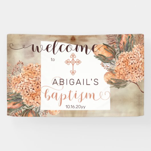 Boho Palm Blätter Hydrangeas Girl Baptisse Willkom Banner (Horizontal)
