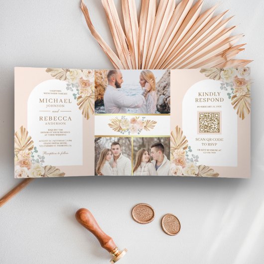 Boho Palm Dusty Earthy Floral Arch QR Code Wedding Dreifach Gefaltete Einladung