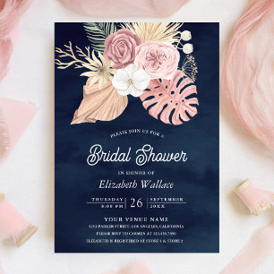 Boho Palm Dusty Pink Roses Navy Blue Brautparty Einladung