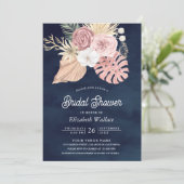 Boho Palm Dusty Pink Roses Navy Blue Brautparty Einladung (Stehend Vorderseite)
