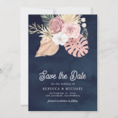 Boho Palm Dusty Pink Roses Navy Blue Wedding Save The Date (Vorderseite)