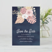 Boho Palm Dusty Pink Roses Navy Blue Wedding Save The Date (Stehend Vorderseite)