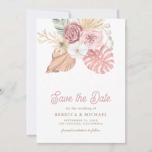 Boho Palm Dusty Pink Roses Wedding Save The Date (Vorderseite)