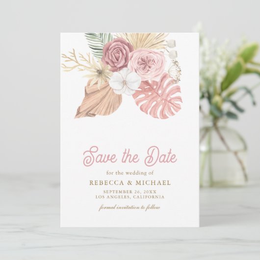 Boho Palm Dusty Pink Roses Wedding Save The Date (Stehend Vorderseite)