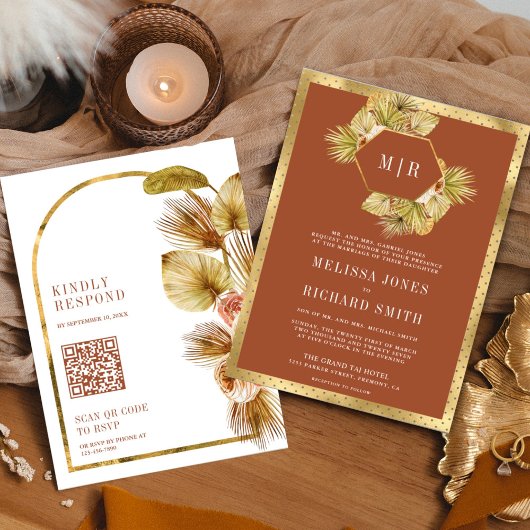 Boho Palm Earthy Floral Terracotta QR Code Wedding Einladung