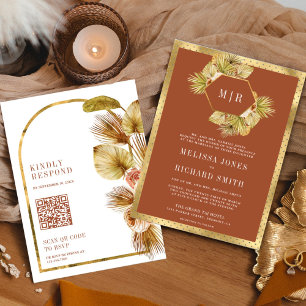 Boho-Palm-Erde-Floral-Terrakotta-QR-Code-Hochzeit Einladung