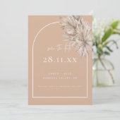 Boho Palm Leaf Bloral Blush Pink Modern Arch Save The Date (Stehend Vorderseite)