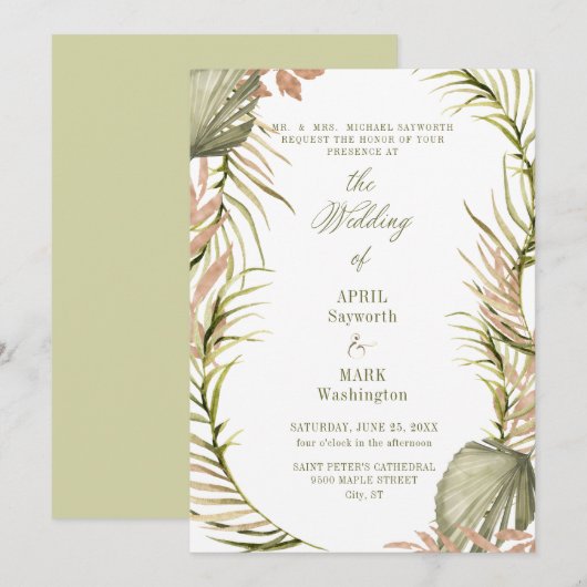 Boho Palm Leaf Greenerity Wedding 2 Einladung (Vorne/Hinten)