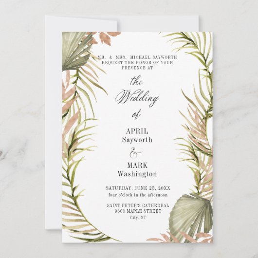 Boho Palm Leaf Greenerity Wedding Einladung (Vorderseite)